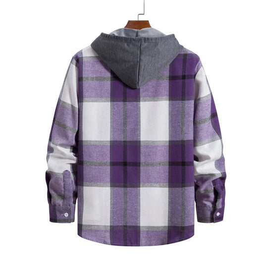 Men's Purple Plaid Flannel Shirt with Hoodie