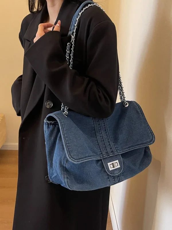 Casual Denim Shoulder Bags with Zipper Compartment