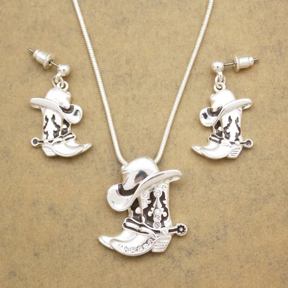 Western Cowgirl Hat Necklace Earring Jewelry Set