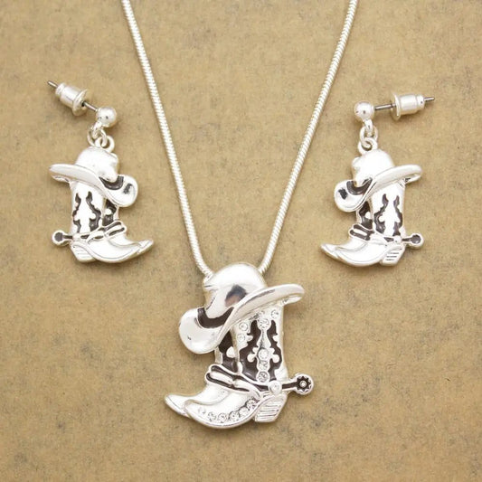 Western Cowgirl Hat Necklace Earring Jewelry Set