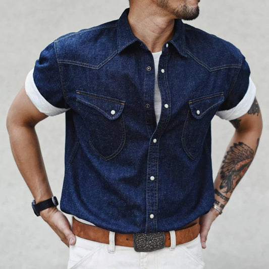 Vintage Indigo Denim Short Sleeve Linen Shirt