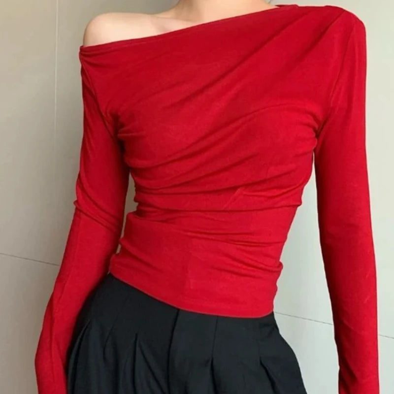 Red Off Shoulder Cotton T-Shirts for Women