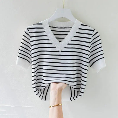Summer V-Neck Striped T-Shirt for Women