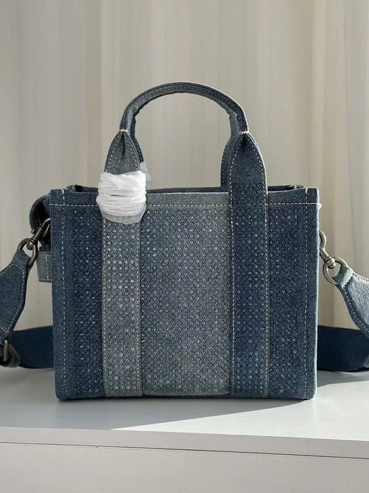 2024 Color Blocked Rhinestone Denim Tote Bag
