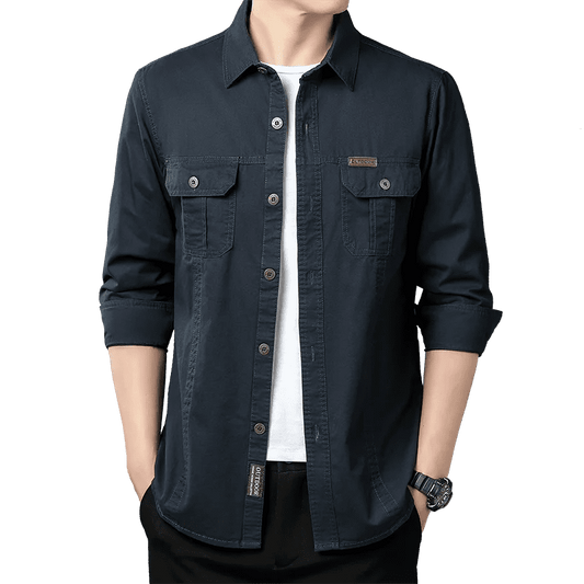 Men's Oversized Black Linen Tactical Shirt