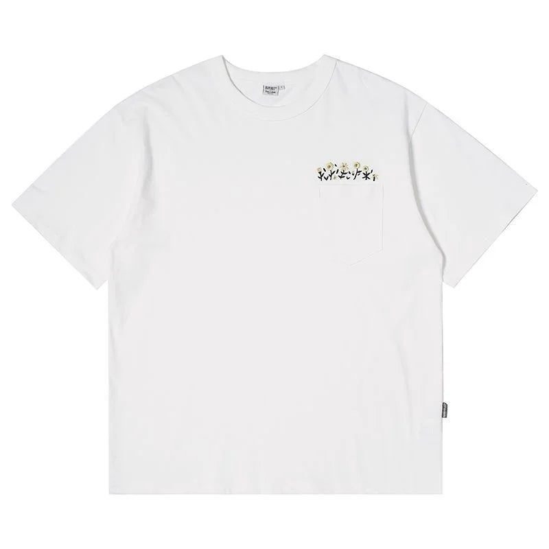 Men's Flower Embroidered Pocket T-Shirt - Streetwear