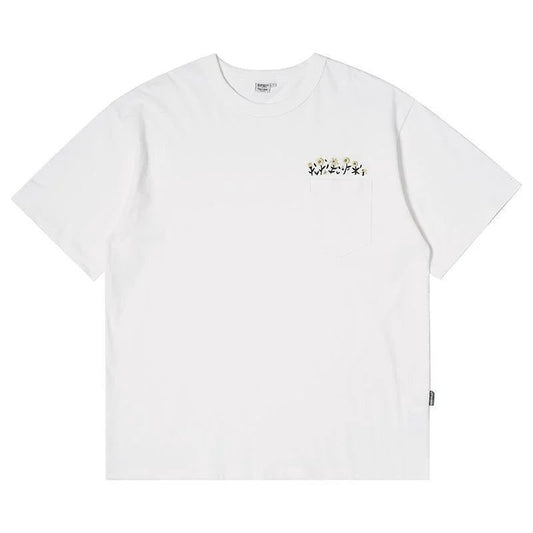 Men's Flower Embroidered Pocket T-Shirt - Streetwear