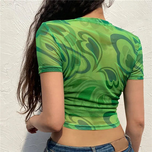 Women's Pink Heart Mesh Cropped T-Shirt