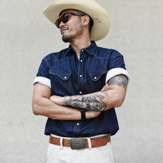 Vintage Indigo Denim Short Sleeve Linen Shirt