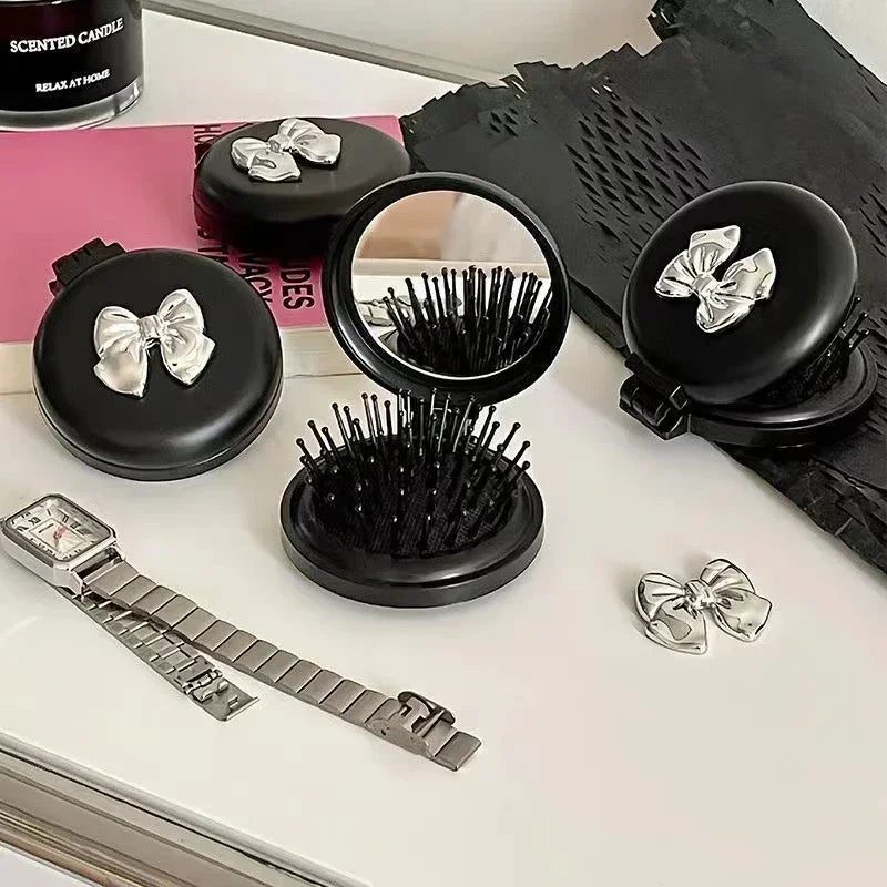 Portable Black Folding Massage Comb with Mirror