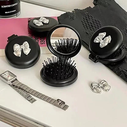 Portable Black Folding Massage Comb with Mirror