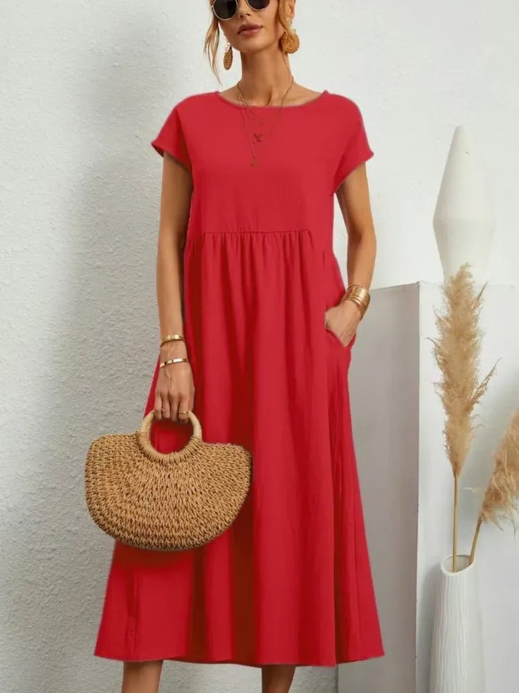 Casual Cotton Midi Dress with Pockets for Women