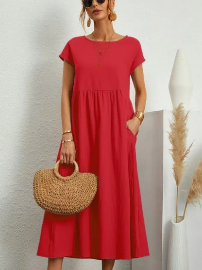 Casual Cotton Midi Dress with Pockets for Women
