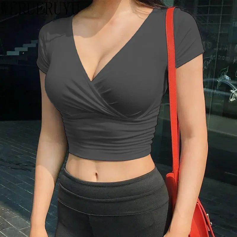 Trendy Black V-Neck Cropped T-Shirt for Women