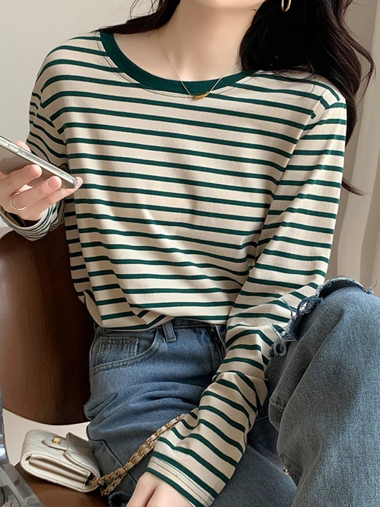 Women's Striped Long Sleeve Cotton T-Shirt