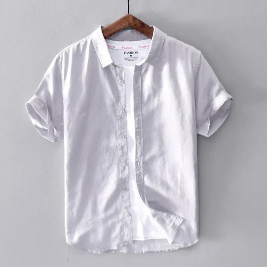 Men's Casual Yellow Cotton Linen Short Sleeve Shirts