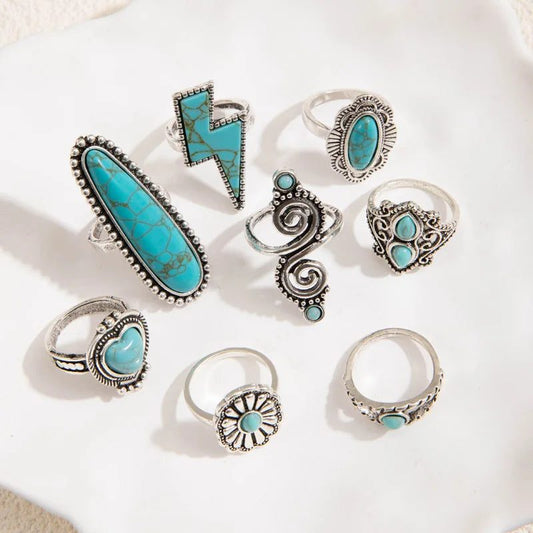 8Pcs Vintage Bohemian Turquoise Knuckle Rings