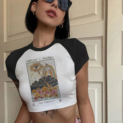Trendy Women's Cropped T-Shirt with Tarot Print
