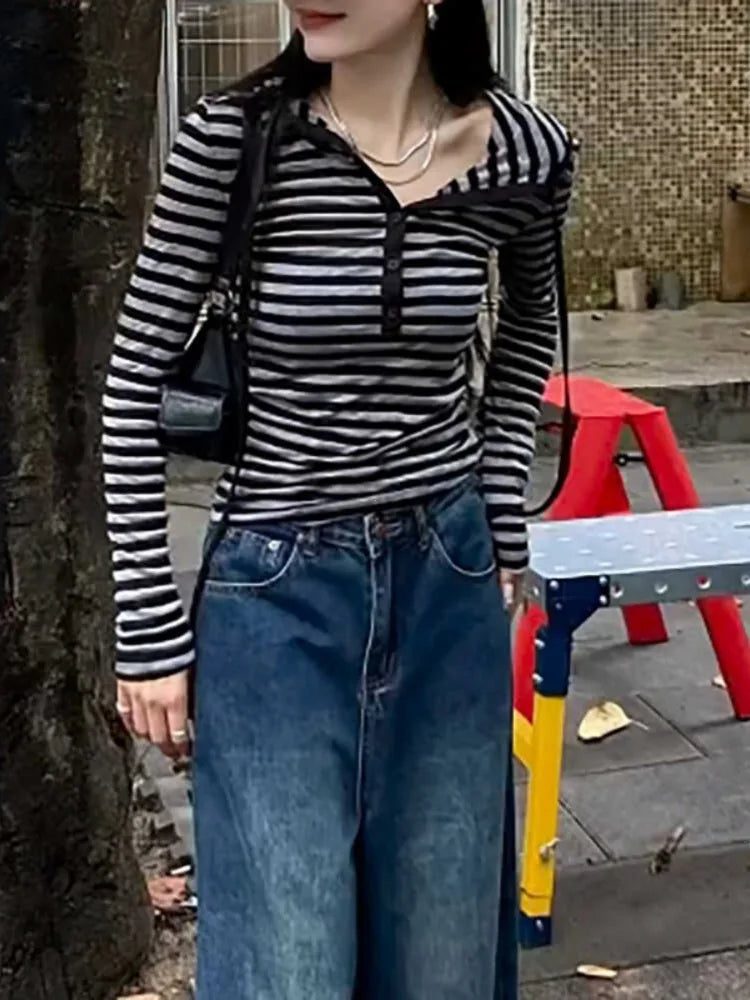 Plus Size Striped Cotton Hooded Shirt