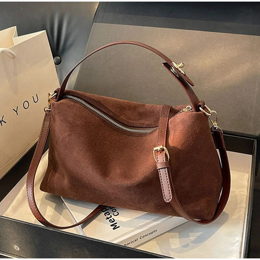 Versatile Brown Suede Handbag with Inner Pocket