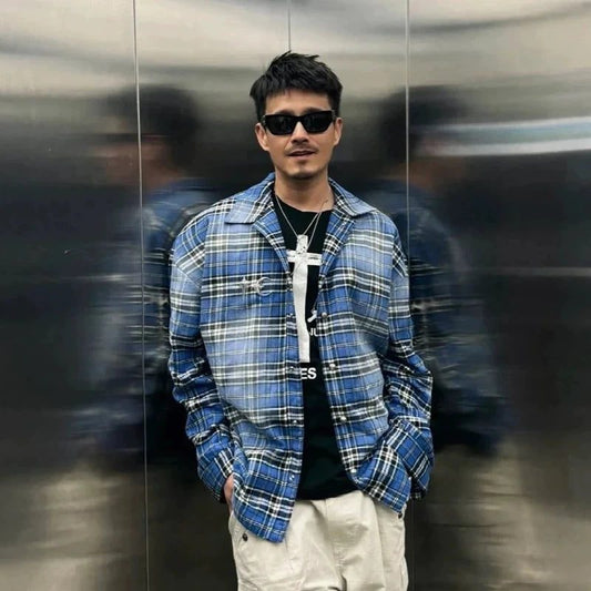 Trendy Oversized Plaid Flannel Shirt for Men