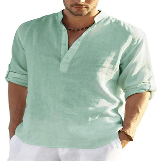 Men's V-Neck Cotton Linen Long Sleeve Shirt