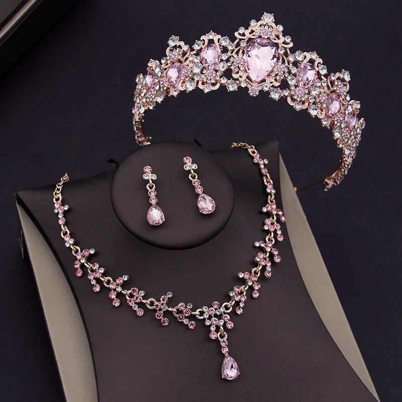 Luxury Pink Crystal Bridal Jewelry Sets