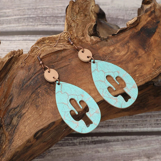 Western Cowboy Wooden Earrings with Cactus Design