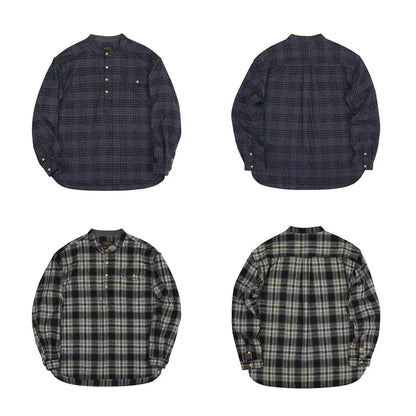 Vintage Men's Plaid Band Collar Flannel Shirt