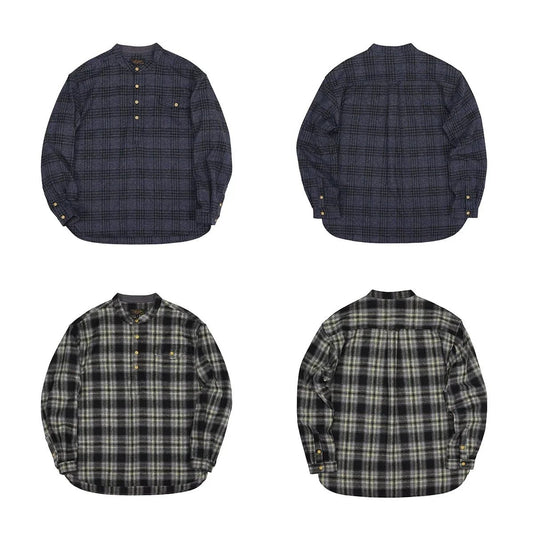 Vintage Men's Plaid Band Collar Flannel Shirt