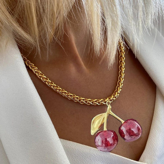 Chunky Cherry Pendant Necklace with Pearls