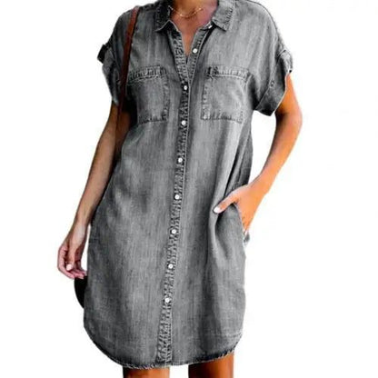 Elegant Midi A-line Denim Shirt Dress