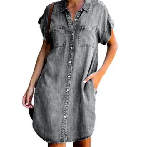 Elegant Midi A-line Denim Shirt Dress