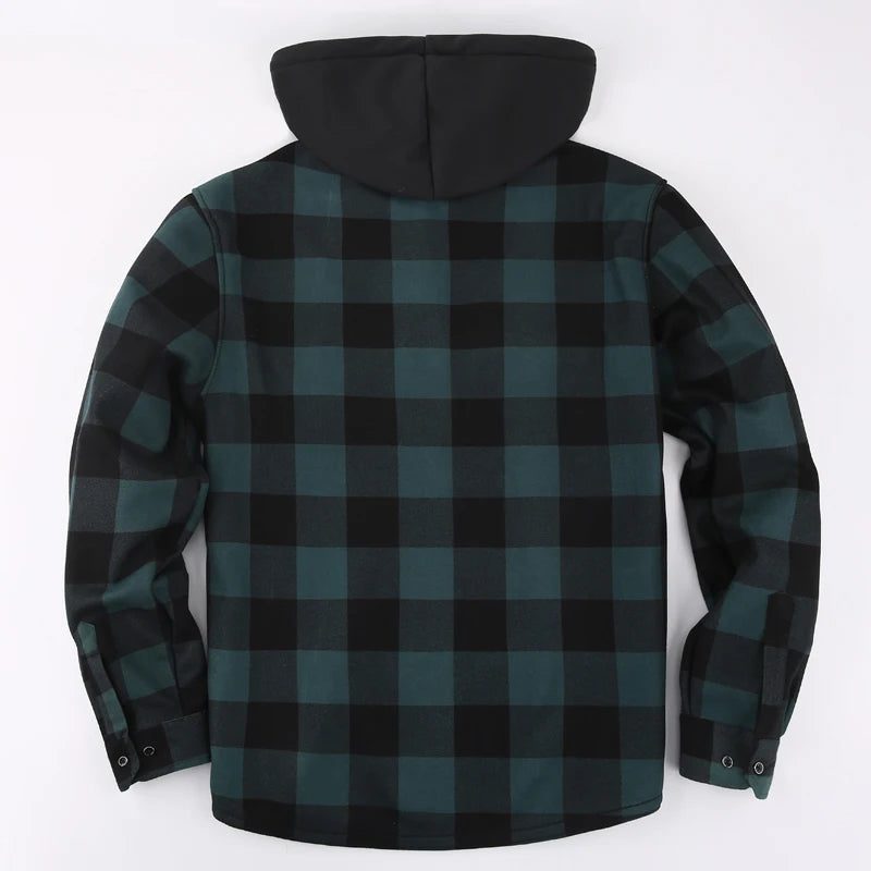 Men's Green Plaid Fleece Hooded Shirt Jacket