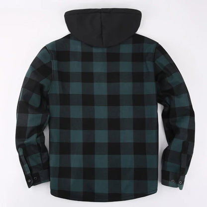 Men's Green Plaid Fleece Hooded Shirt Jacket
