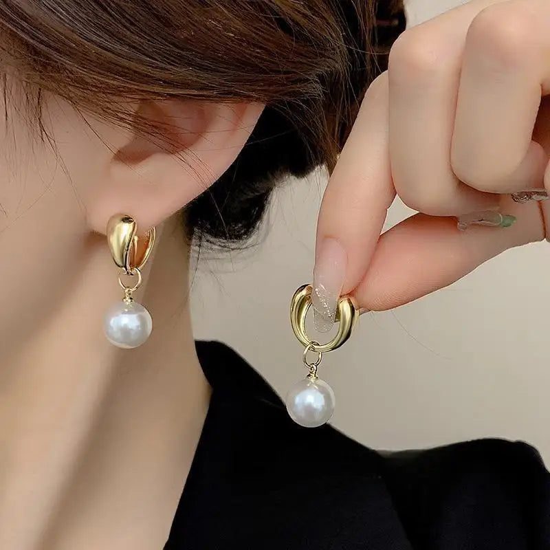 2023 Cute Silver Pearl Hoop Earrings