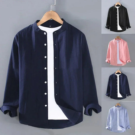 Men's Linen Stand Collar Long Sleeve Shirt