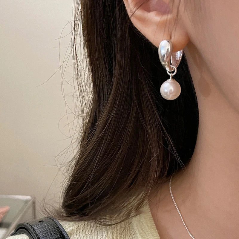 2023 Cute Silver Pearl Hoop Earrings