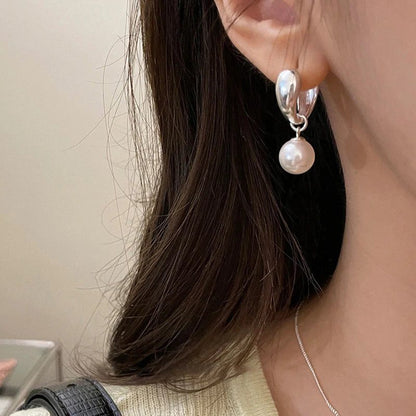 2023 Cute Silver Pearl Hoop Earrings