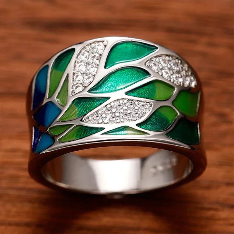 Luxury Green Leaf Enamel Women's Ring