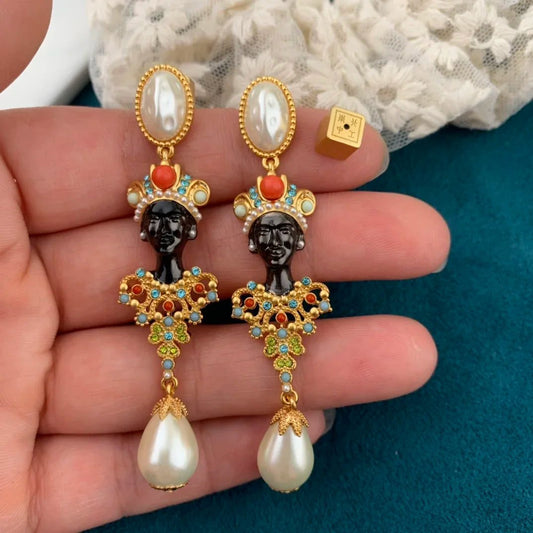 Antique Egyptian Style Colored Pearl Earrings