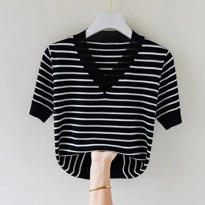 Summer V-Neck Striped T-Shirt for Women