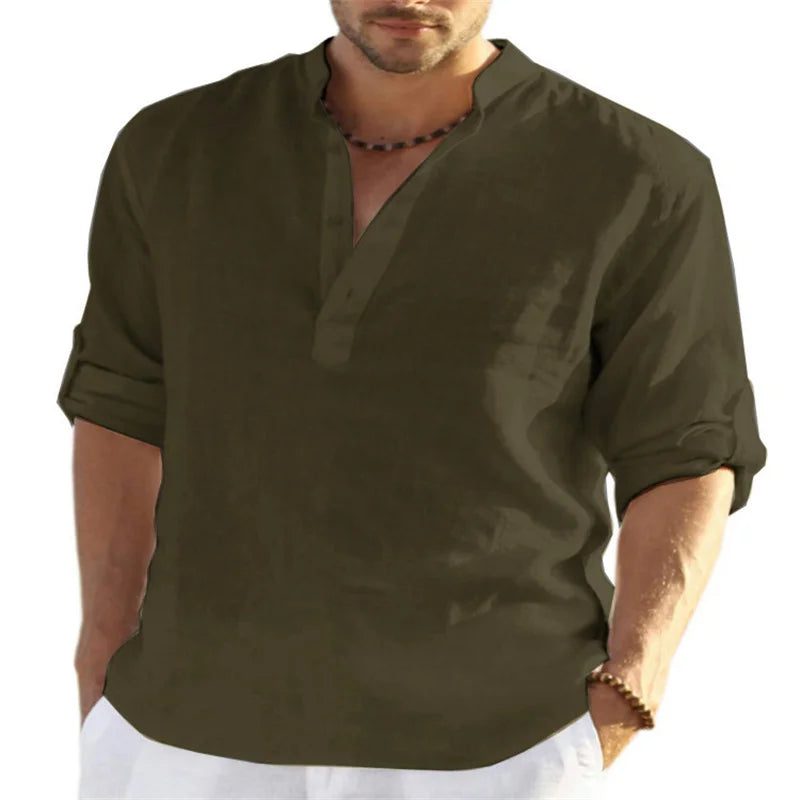 Men's V-Neck Cotton Linen Long Sleeve Shirt