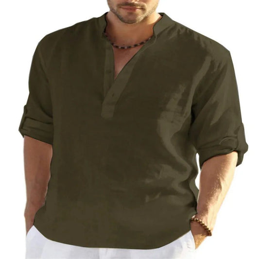 Men's V-Neck Cotton Linen Long Sleeve Shirt