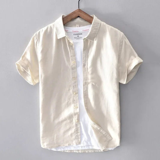Men's Casual Yellow Cotton Linen Short Sleeve Shirts