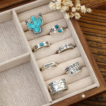 Vintage Western Cowboy Cactus Turquoise Ring Set