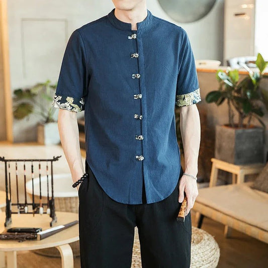 Men's Cotton Linen Medium Sleeve Button Shirt