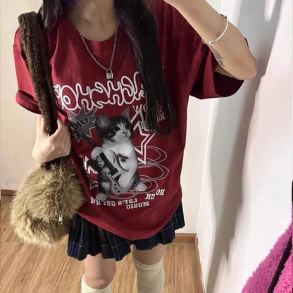 Vintage Y2K Graphic Red Cotton T-Shirt for Women