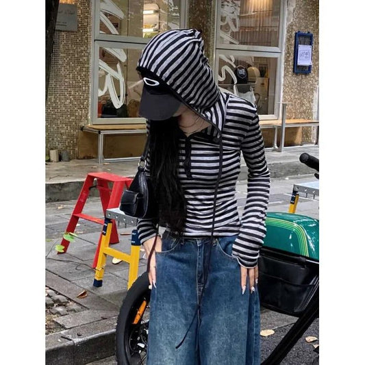 Plus Size Striped Cotton Hooded Shirt
