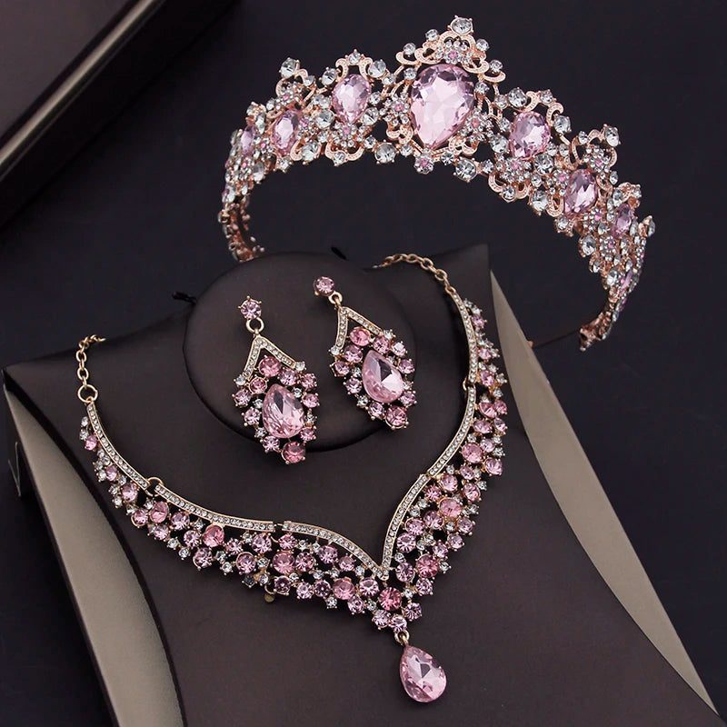 Luxury Pink Crystal Bridal Jewelry Sets